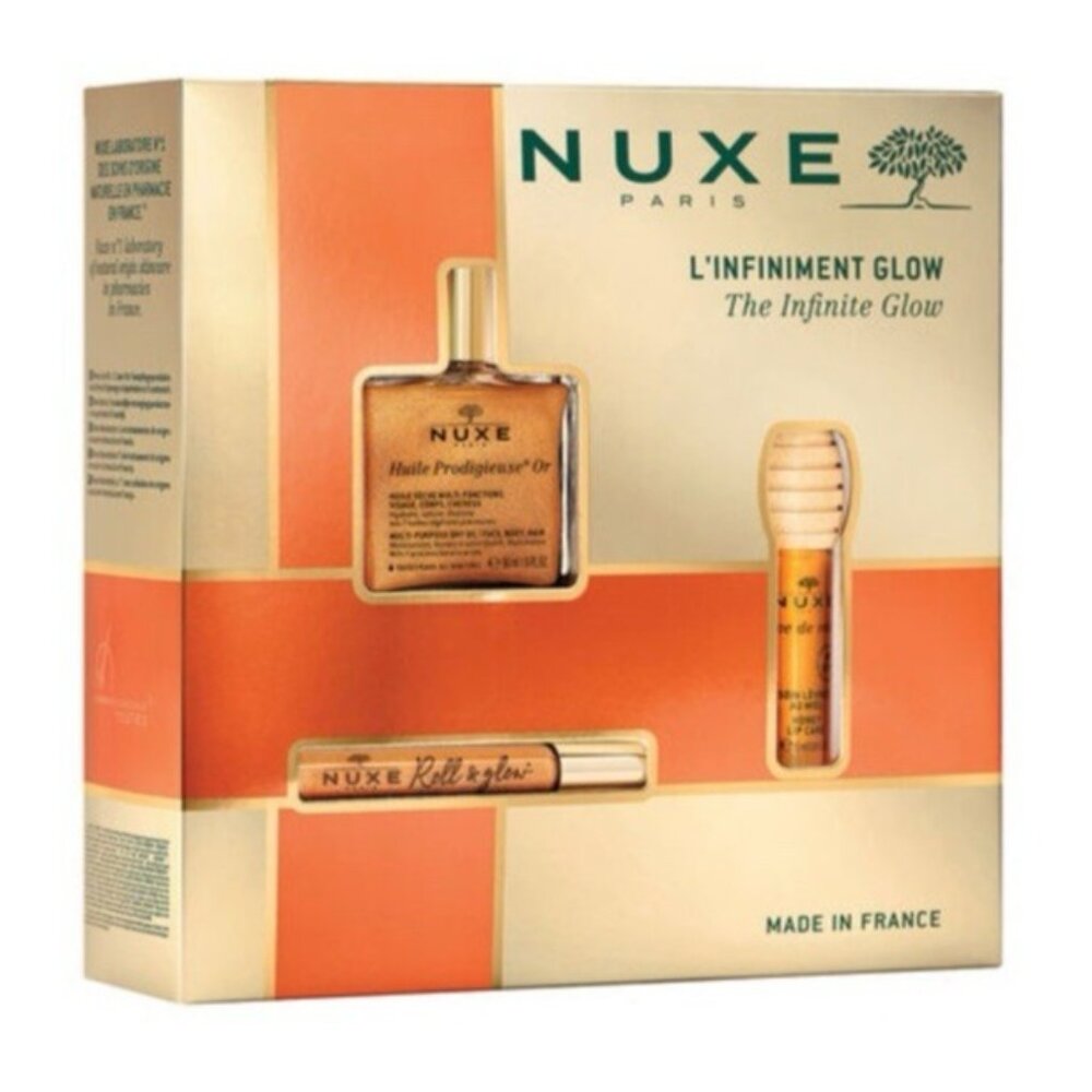 NUXE Infinite Glow Skincare Gift Set w Huile Prodigieuse Honey Lip Care, Roll-on